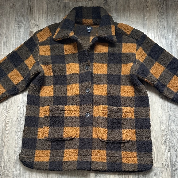 Lee Jackets & Blazers - Lee Womens Button Front Sherpa Fleece Jacket Black Orange Plaid Size L